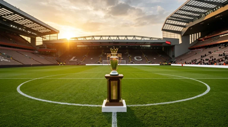 Gold Premier League trophy on a pedestal at the center of a sunlit, empty football stadium pitch.