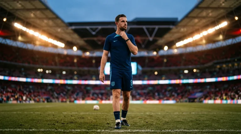 England player in blue kit stands on a stadium pitch under bright lights at night.