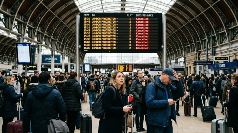 Crowded train station platform with a large departures board showing multiple cancelled trains in red text.