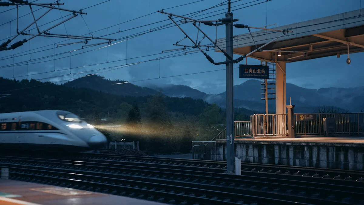 A high-speed train arriving at a station during early morning dusk hours.