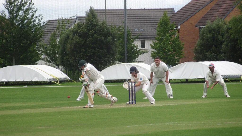 A local cricket match in progress on a green field with residential houses and cricket covers in the background.