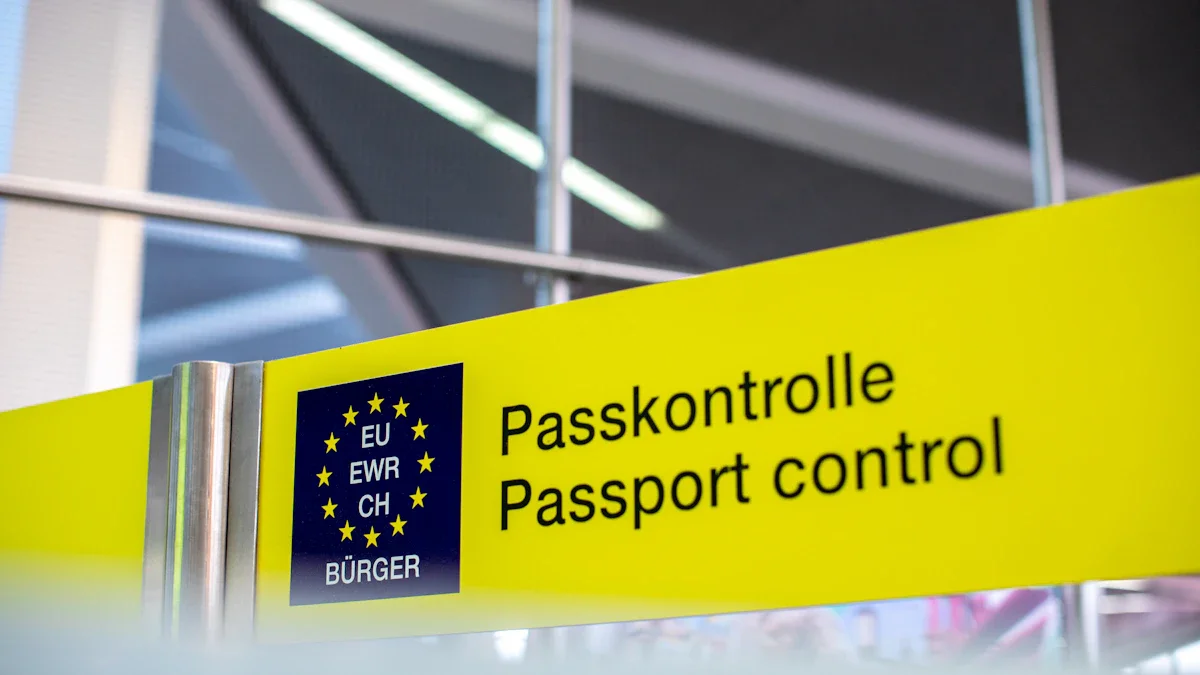 A yellow airport sign featuring the European Union flag and bilingual passport control text.