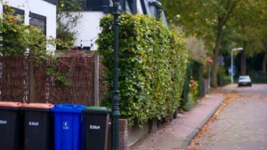 A row of colorful wheelie bins for waste and recycling collection on a residential street.