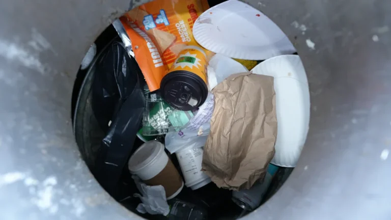 A top-down view into a waste bin containing food packaging, coffee cups, and paper plates.