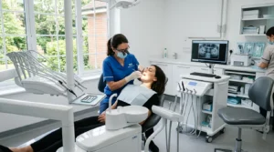 Dentist in blue scrubs examines a patient in a dental chair within a bright clinic.