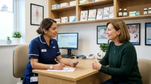 NHS nurse in blue scrubs consults with a patient sitting across a desk in a clinic.