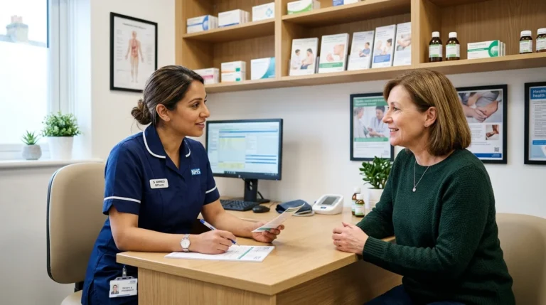 NHS nurse in blue scrubs consults with a patient sitting across a desk in a clinic.