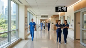 Nurses in blue scrubs walking through a bright, modern hospital corridor with large windows and greenery.