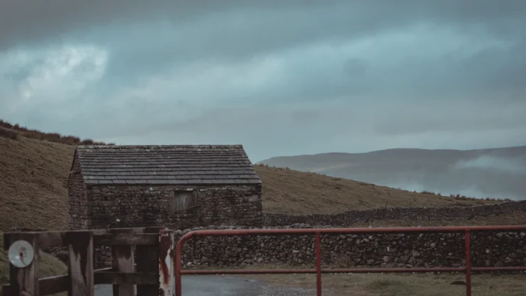 A traditional stone barn and dry stone walls on a hillside in the misty Yorkshire Dales.