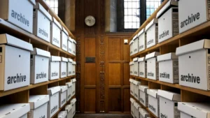 Rows of organized white archive boxes on wooden shelves in a room with classic wood paneling and a clock.