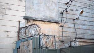 Exterior of a building showing boarded-up windows and rolls of barbed wire along a security fence.