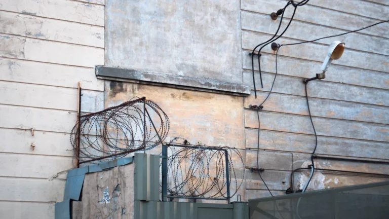 Exterior of a building showing boarded-up windows and rolls of barbed wire along a security fence.
