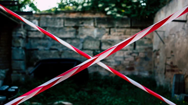 Red and white hazard tape forming a cross over a stone wall entrance, symbolizing a legal closure order.