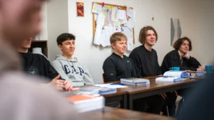 Young adults sitting at a wooden table during a formal committee meeting or group discussion.