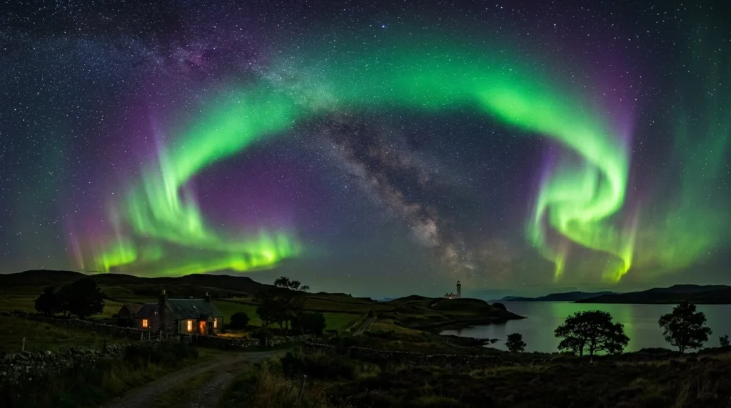 Vibrant green and purple northern lights arching over a coastal landscape with a cottage and lighthouse.