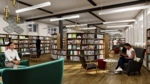 Bright modern library interior with curved wooden bookshelves, comfortable armchairs, and people reading quietly.