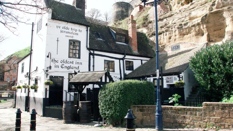 The historic Ye Olde Trip to Jerusalem pub in Nottingham built directly into sandstone cliffs.