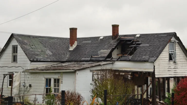 A residential house with a partially collapsed roof and damaged siding after a severe weather event.