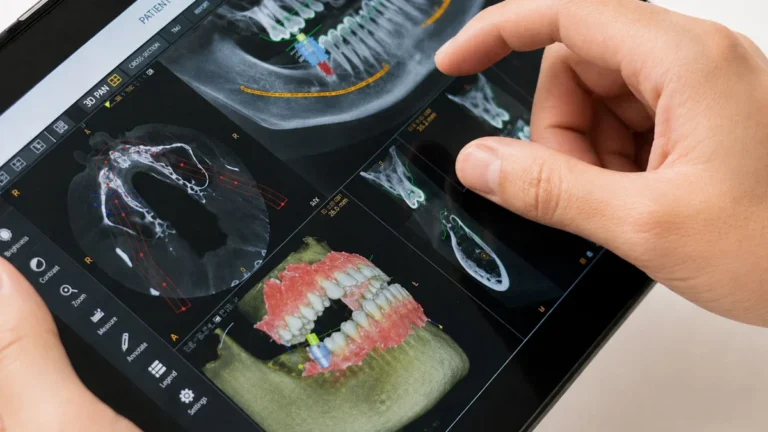 A surgeon reviews a 3D digital dental scan on a tablet, highlighting next-generation implant planning technology.