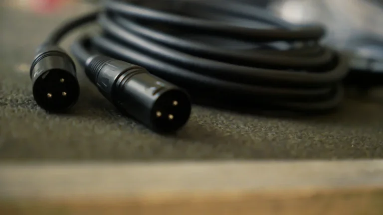 A thick, coiled professional black audio and power cable with three-pin connectors on a stage.