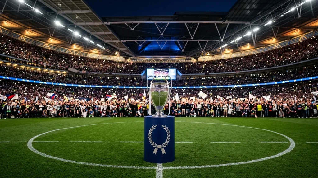Silver trophy on a pedestal in the center of a crowded soccer stadium under bright lights.