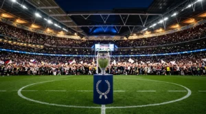 Silver trophy on a pedestal in the center of a crowded soccer stadium under bright lights.