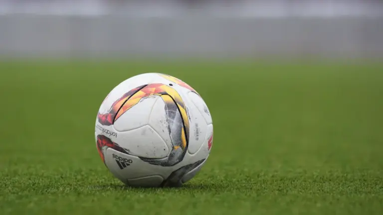 Professional adidas soccer ball resting on a green stadium grass pitch