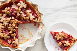 Red fruit pie with flower-shaped pastry toppers next to a slice on a white plate.
