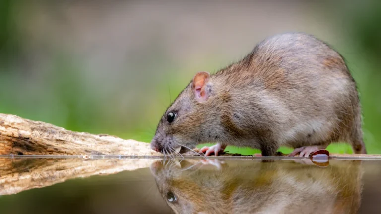 A brown rat leaning over clear water, with its reflection visible on the surface.