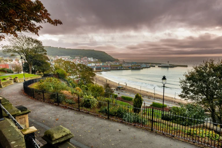 Elevated view of a coastal bay with a sandy beach, harbor, and buildings under cloudy skies.
