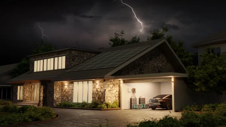 A modern home with rooftop solar panels and visible battery storage units in the garage during a lightning storm.