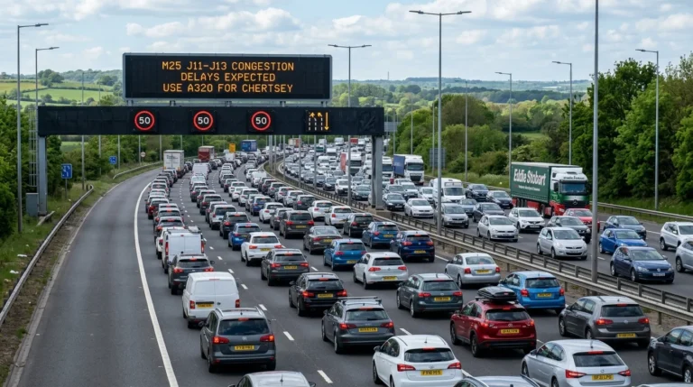 Congested motorway with cars and trucks under a digital gantry warning of M25 delays ahead.