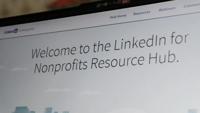 A laptop screen displaying the LinkedIn for Nonprofits Resource Hub welcome screen.