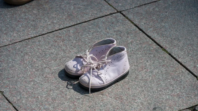 A pair of small pink children's shoes sits alone on a gray stone-paved square.