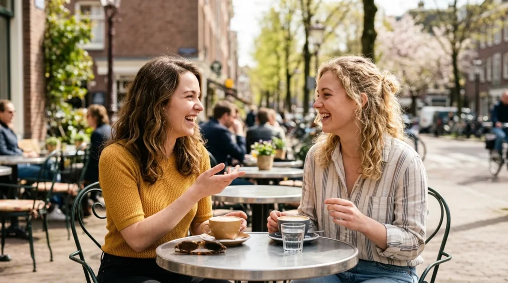Two young women laughing and talking at a sunny outdoor cafe table with coffee cups.