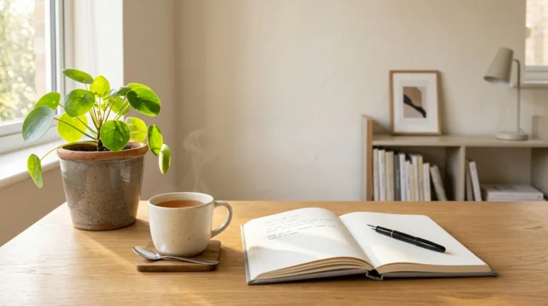 Steaming tea, a potted plant, and an open notebook with a pen on a wooden desk.