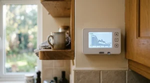 A smart energy meter on a kitchen wall displaying a graph of electricity usage levels.