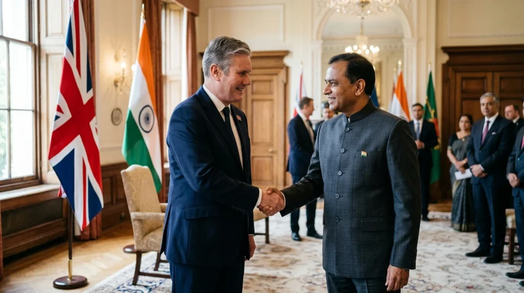 Keir Starmer shaking hands with an Indian official in a room with British and Indian flags.