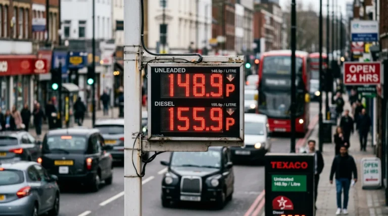 A digital sign displaying fuel prices on a busy city street with traffic and pedestrians.
