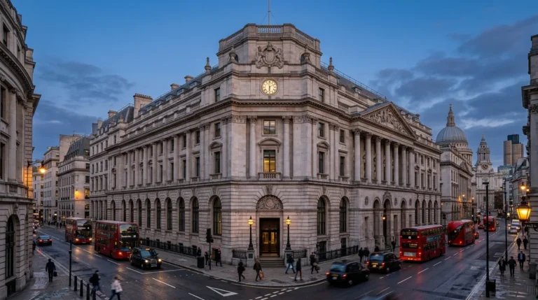 Historic stone building on a London street corner with red buses and taxis at dusk.
