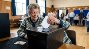 An elderly woman wearing a patterned cardigan casting a white ballot into a black voting box.