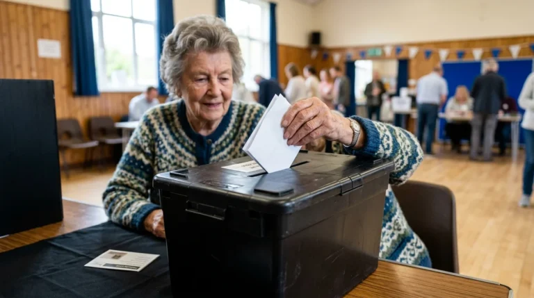 An elderly woman wearing a patterned cardigan casting a white ballot into a black voting box.