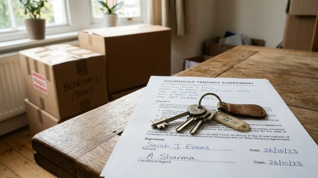 Keys lying on a signed tenancy agreement with cardboard moving boxes in a sunlit room.