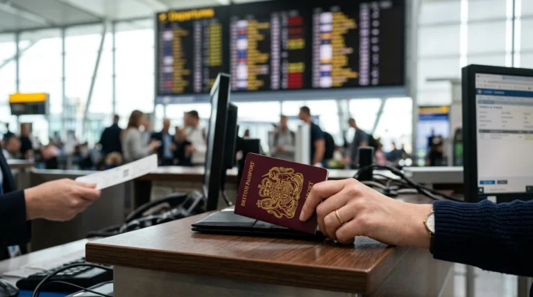 Close-up of a hand holding a British passport at an airport check-in desk with departure boards.