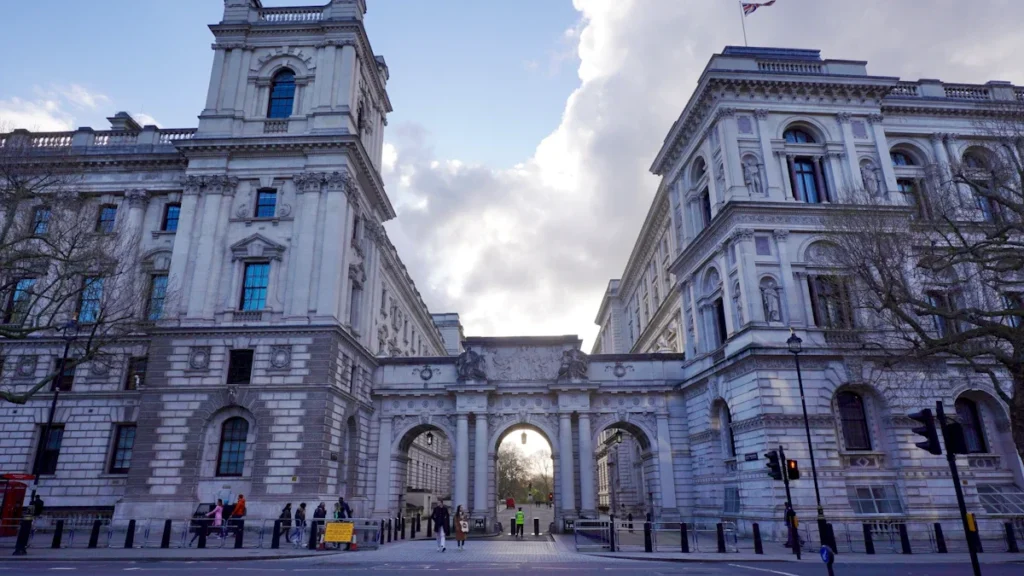 The Foreign and Commonwealth Development Office building in Whitehall, London with a flag.