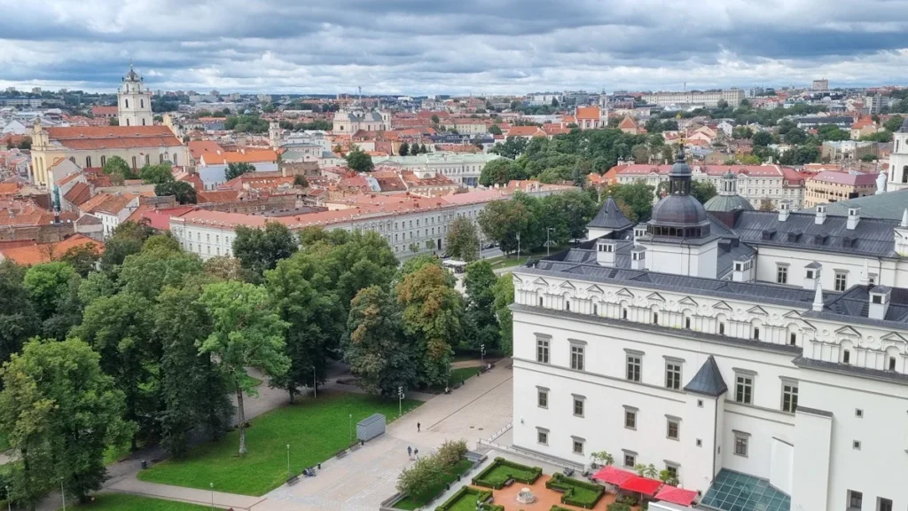 An aerial view of the white Palace of the Grand Dukes of Lithuania in Vilnius old town.