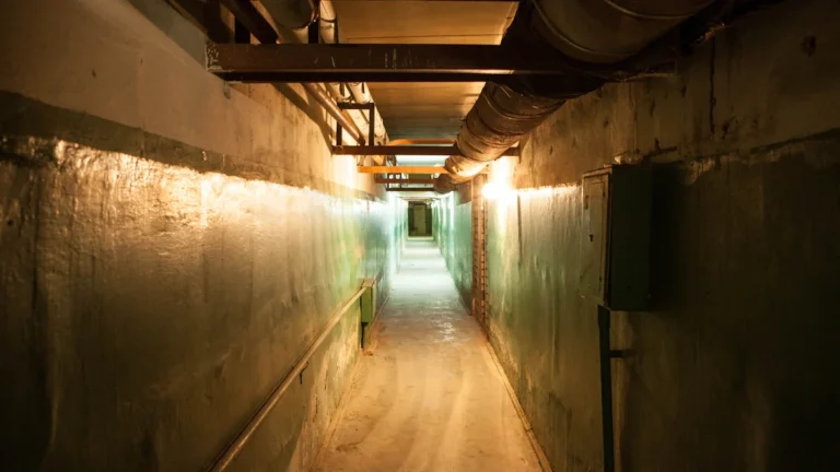 A dimly lit underground concrete corridor with overhead pipes and industrial lighting, representing a civil defense shelter.