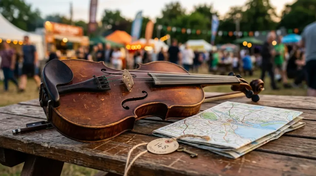 A wooden violin and a folded map rest on a table at a festival.