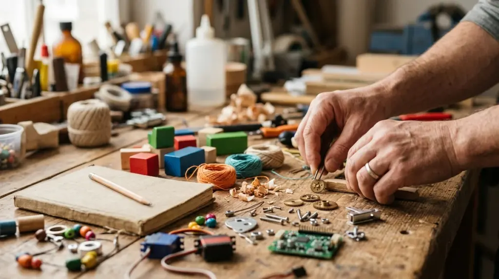 Close-up of a craftsman's hands using tweezers to assemble small gears on wood.