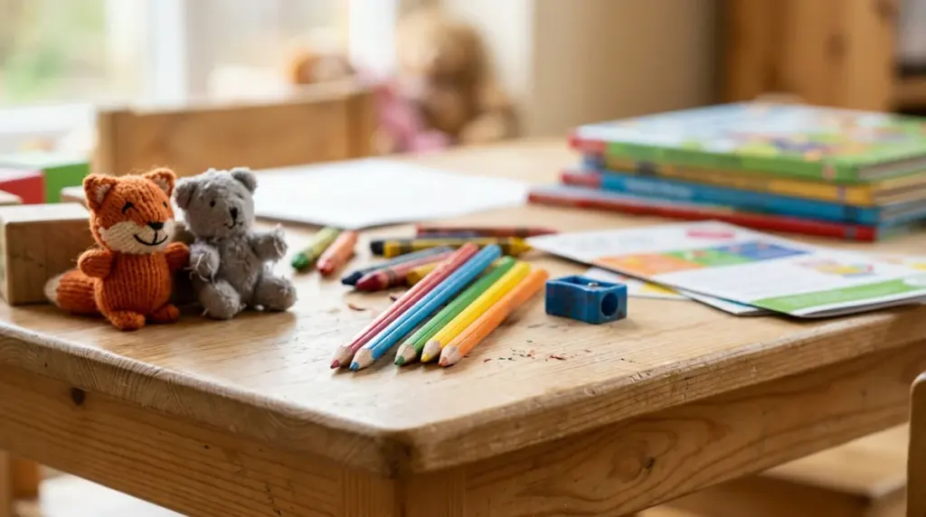 A wooden desk holding colored pencils, a sharpener, books, and small stuffed toy animals.